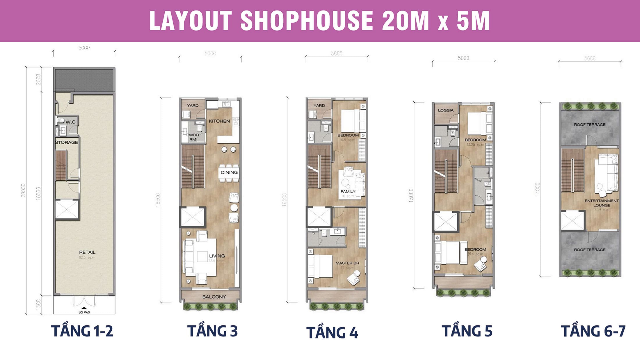 Layout Shophoue diện tích đất 20mx5m tại dự án Sun Cosmo Residence Đà Nẵng