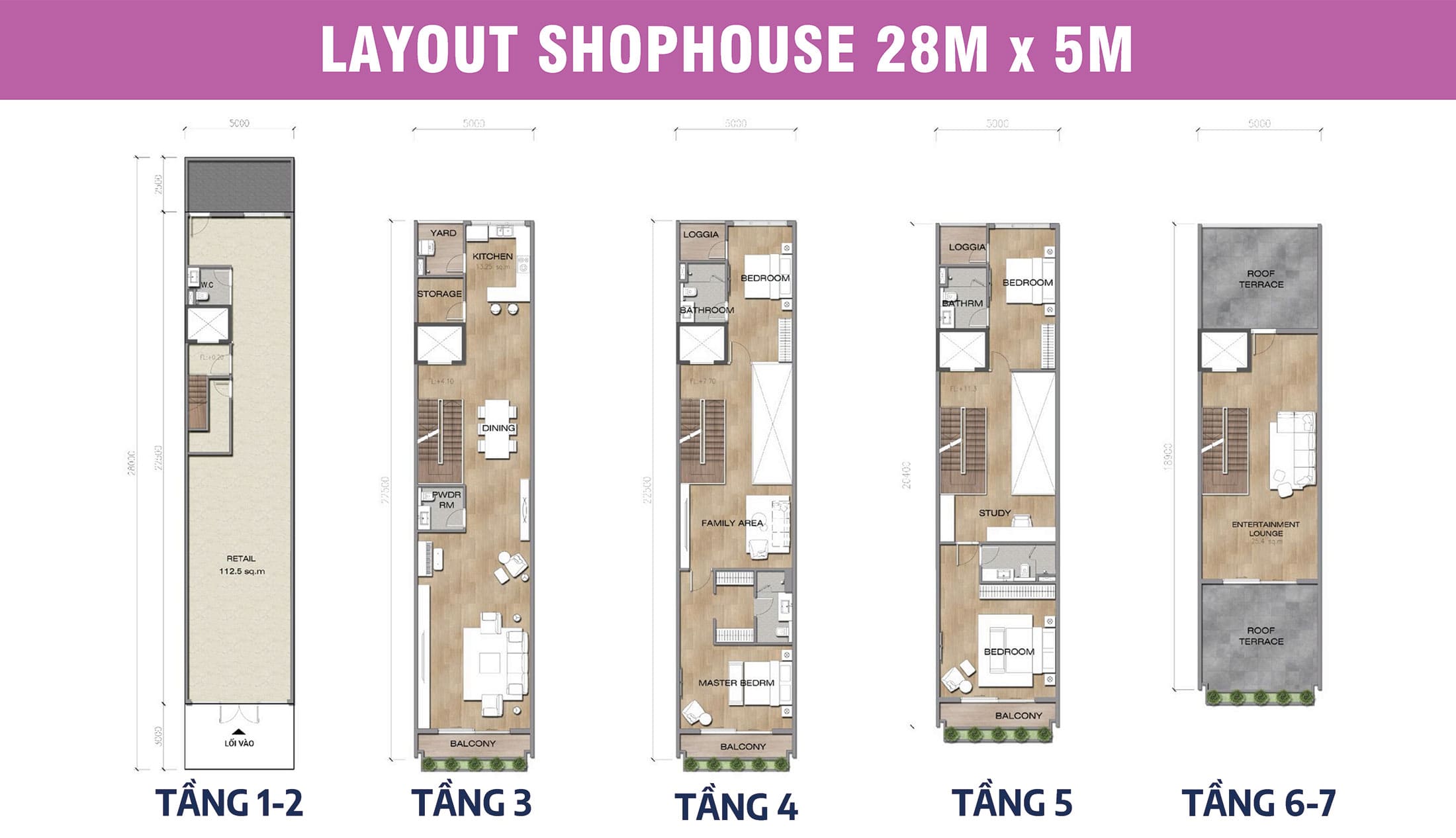 Layout Shophoue diện tích đất 28mx5m tại dự án Sun Cosmo Residence Đà Nẵng
