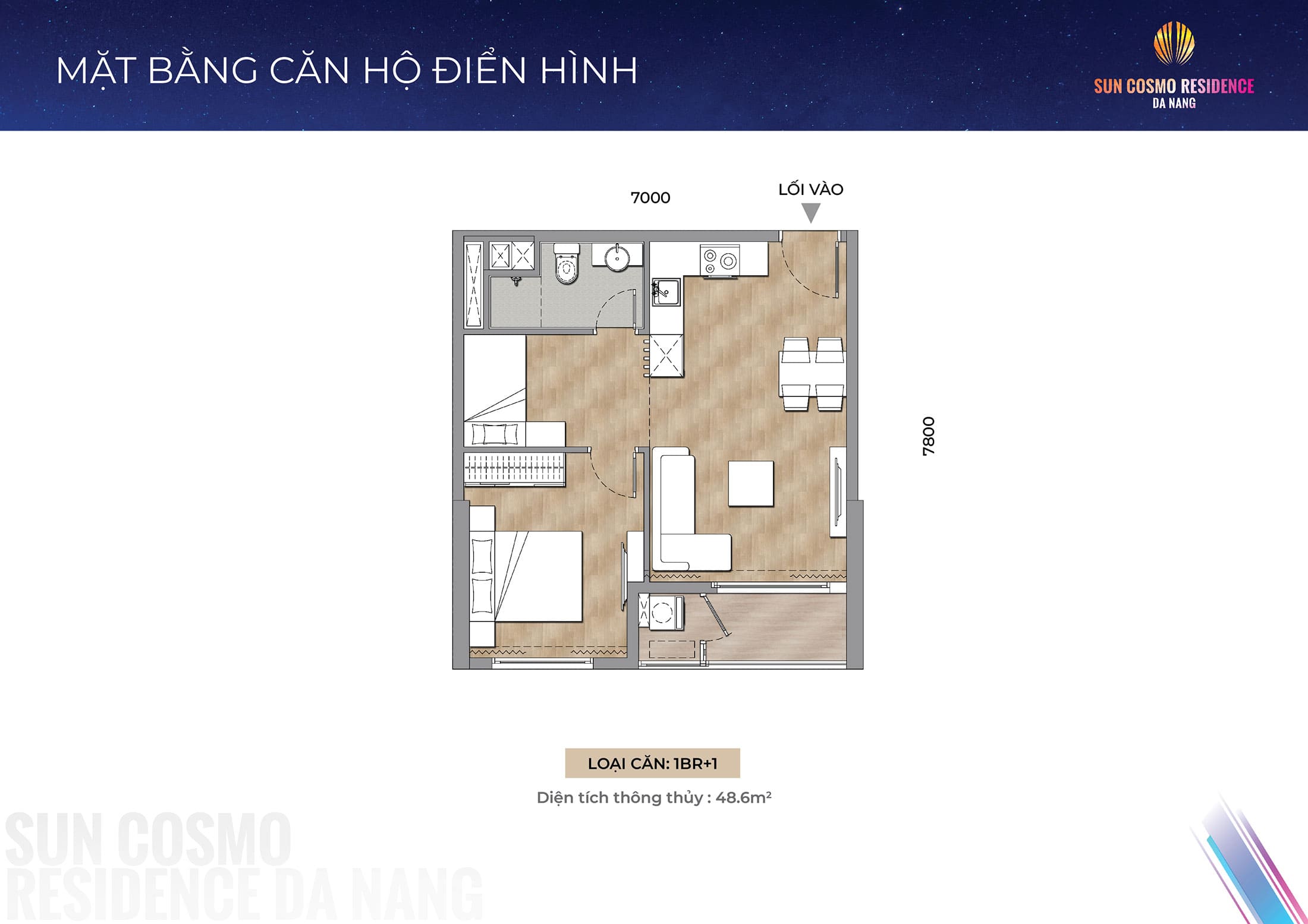 Layout thiết kế căn hộ 1BR+1, diện tích 48.6m2 tòa P1, phân khu The Panoma dự án Sun Cosmo Residence