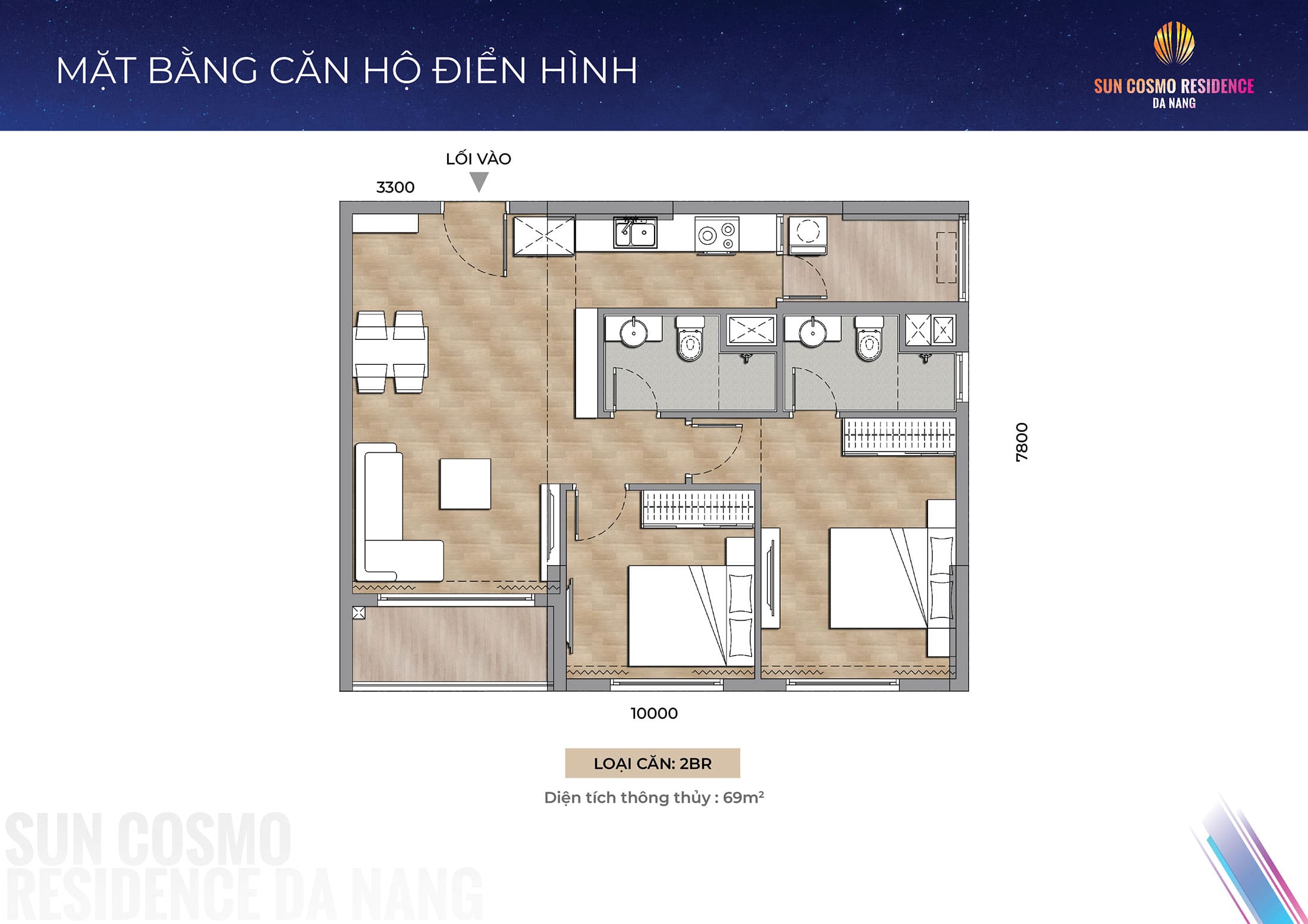 Layout thiết kế căn hộ 2BR, diện tích 69m2 tòa P1, phân khu The Panoma dự án Sun Cosmo Residence
