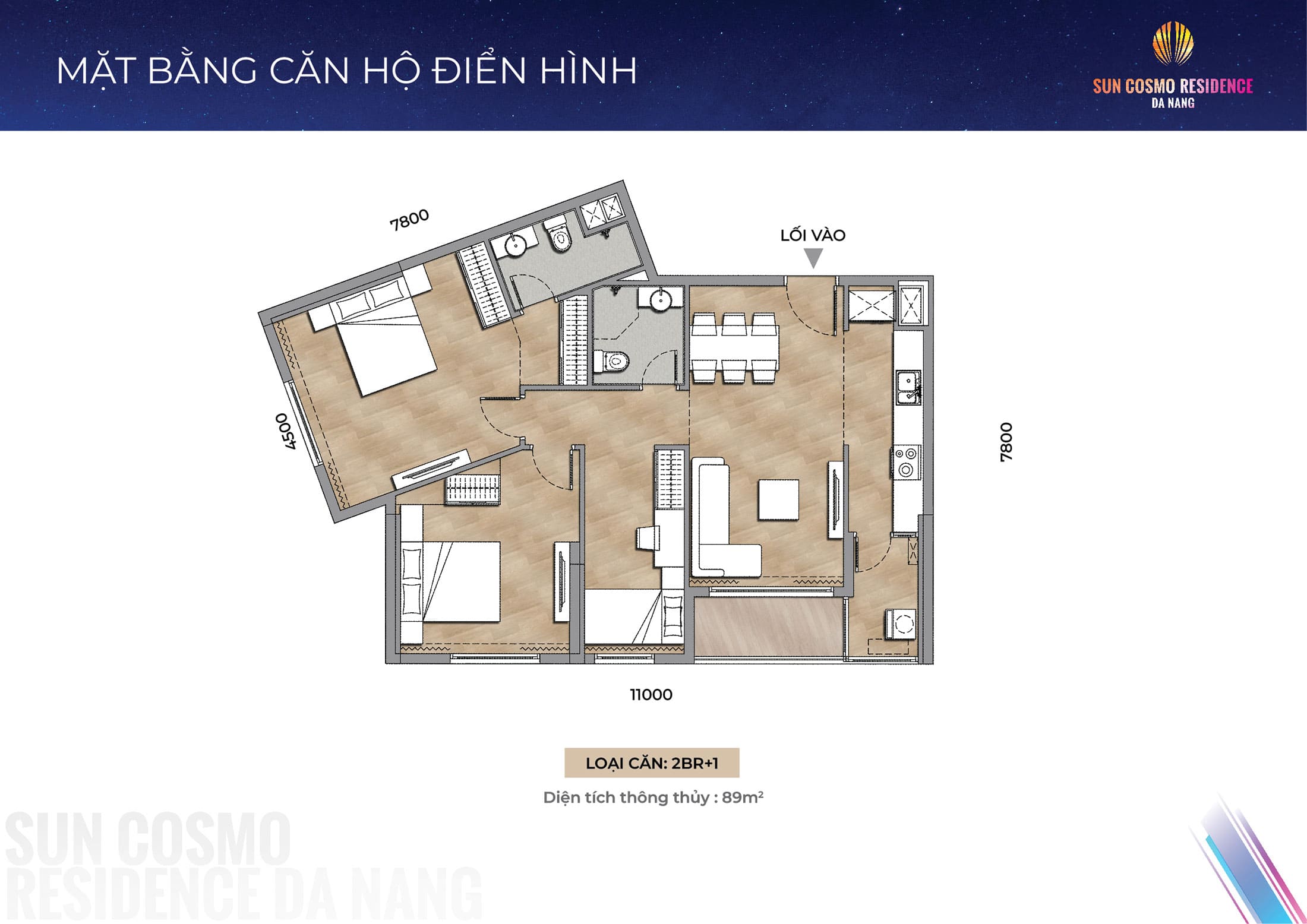 Layout thiết kế căn hộ 2BR+1, diện tích 89m2 tòa P1, phân khu The Panoma dự án Sun Cosmo Residence