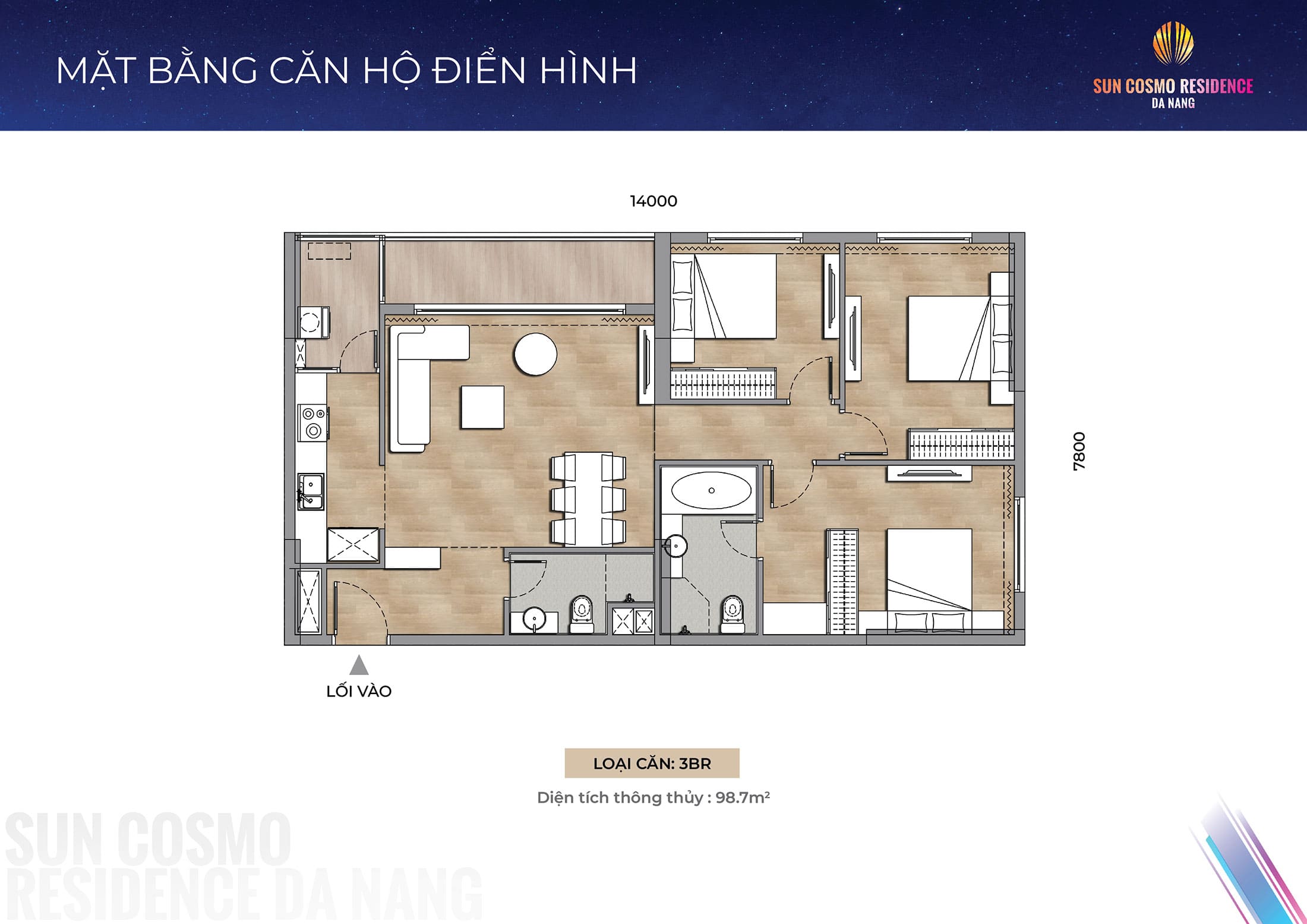 Layout thiết kế căn hộ 3BR, diện tích 98m2 tòa P1, phân khu The Panoma dự án Sun Cosmo Residence