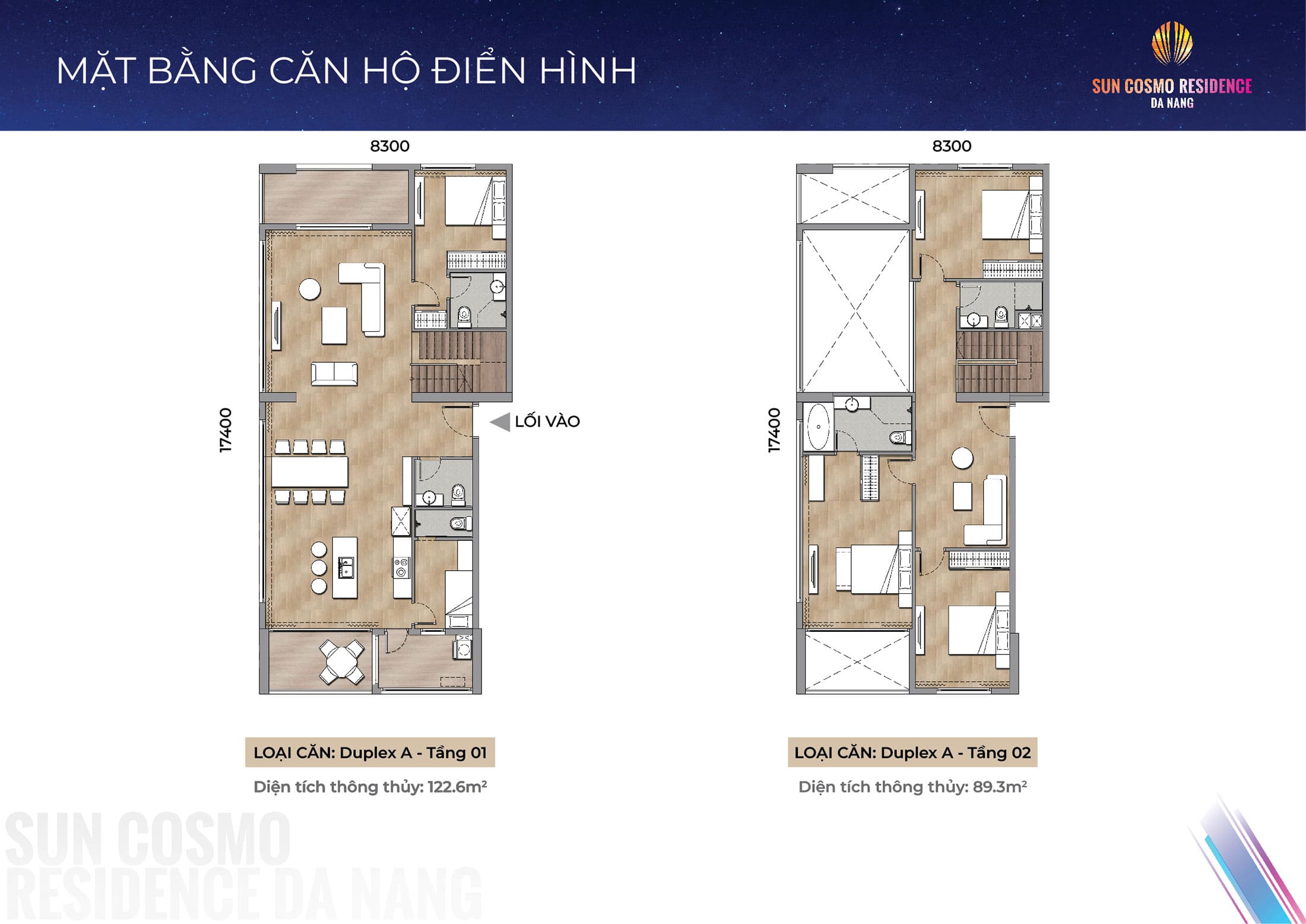 Layout thiết kế căn hộ Duplex A, diện tích 211.9m2 tòa P1, phân khu The Panoma dự án Sun Cosmo Residence