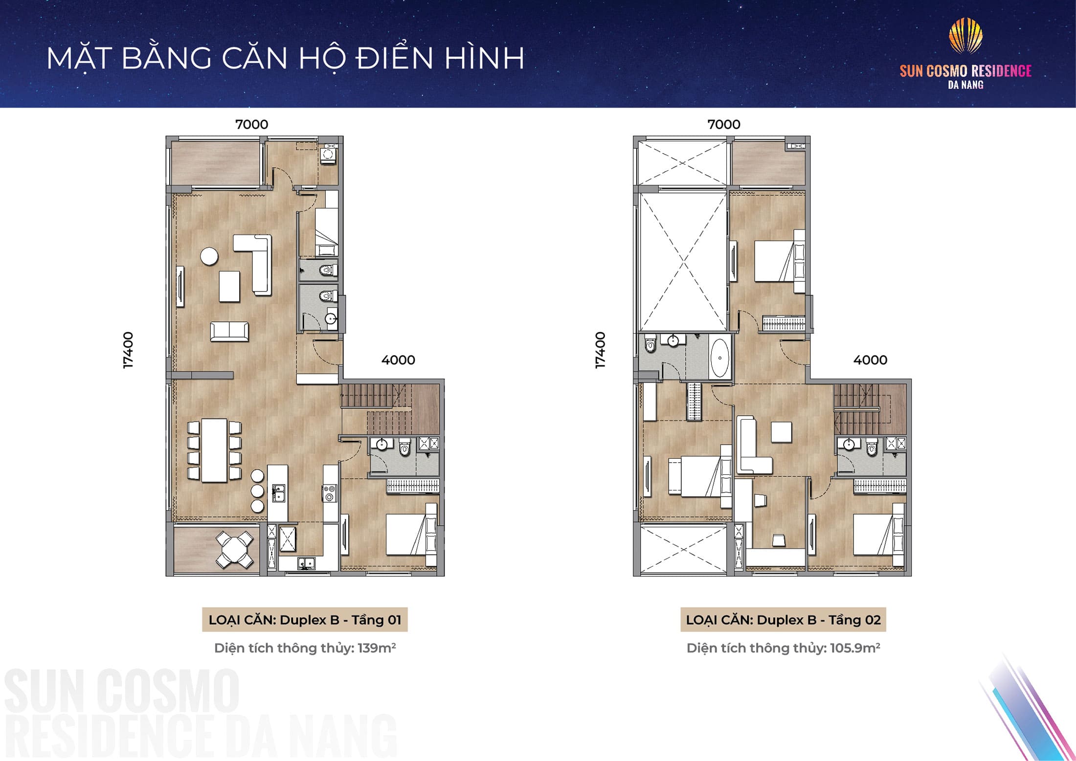 Layout thiết kế căn hộ Duplex B, diện tích 244.9m2 tòa P1, phân khu The Panoma dự án Sun Cosmo Residence