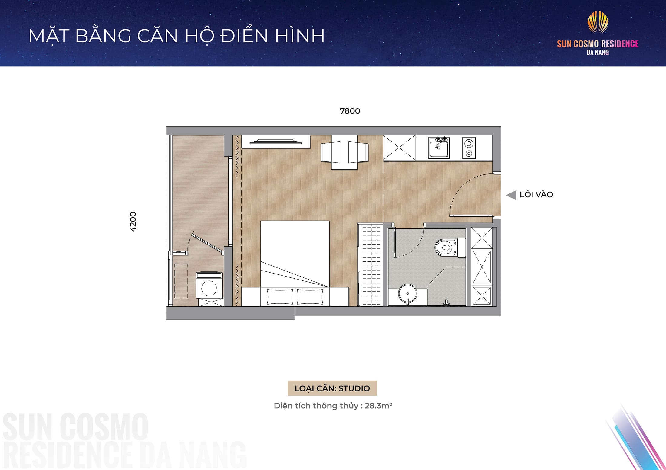 Layout thiết kế căn hộ Studio, diện tích 28.3m2 tòa P1, phân khu The Panoma dự án Sun Cosmo Residence