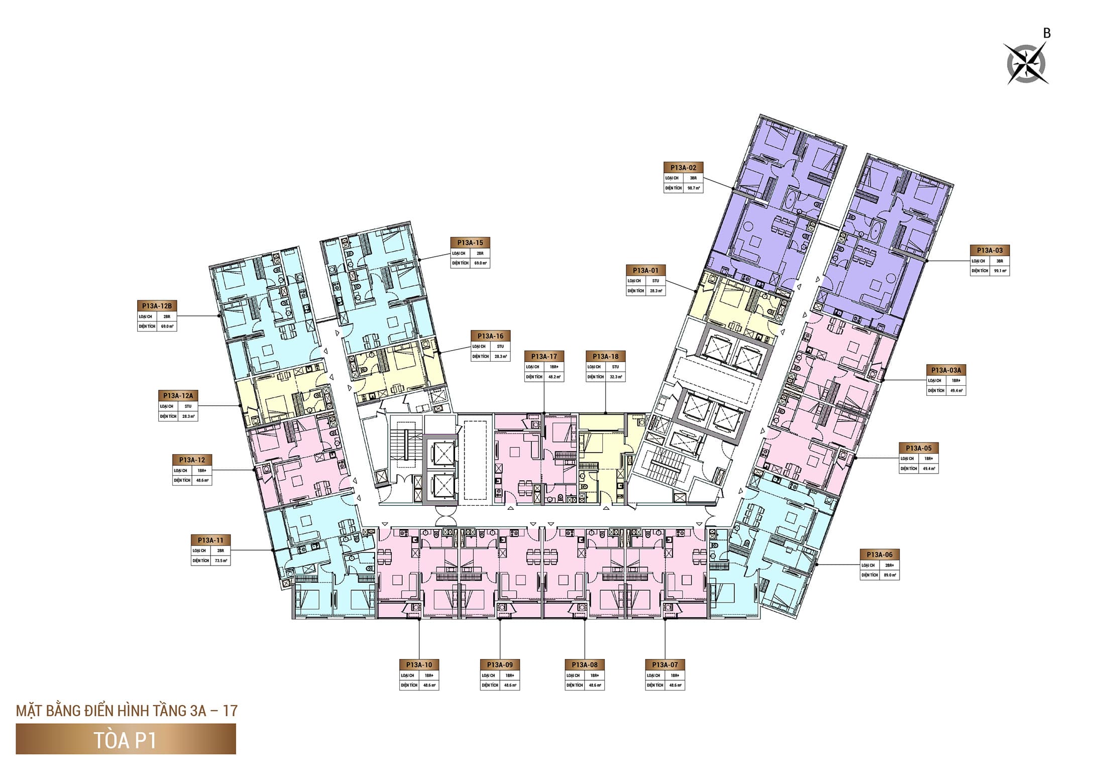 Mặt bằng điển hình Tầng 3A đến Tầng 17 tòa căn hộ P1, phân khu The Panoma dự án Sun Cosmo Residence